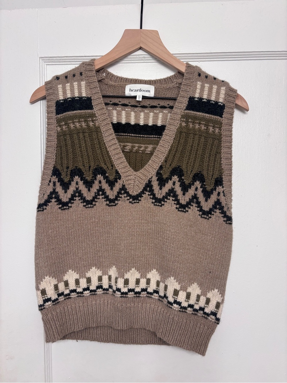 Heartloom Taupe V-Neck Fair Isle Knit Sweater Vest with Olive and Black Accents